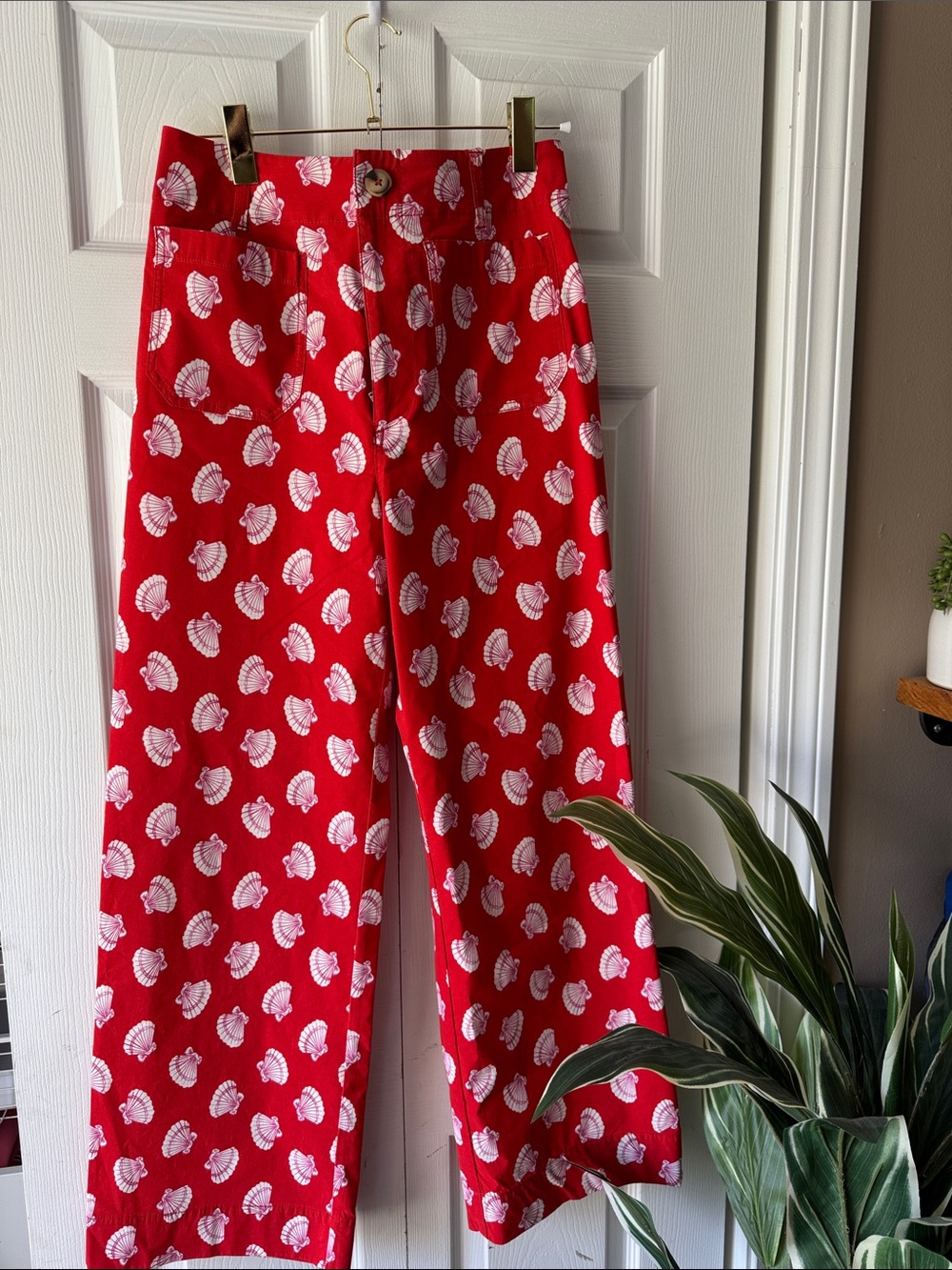 Maeve Red Wide-Leg Pants with White Shell Print